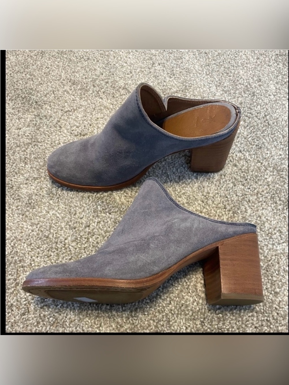 Gray Leather Frye Heeled Mules